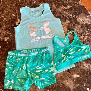 UNDER ARMOUR girls medium athletic tank, sports bra, and spandex biker shorts!